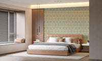 Repeat of hex Deco frames in coastal green trellis wallpaper, paler hex panels visible., GD9660