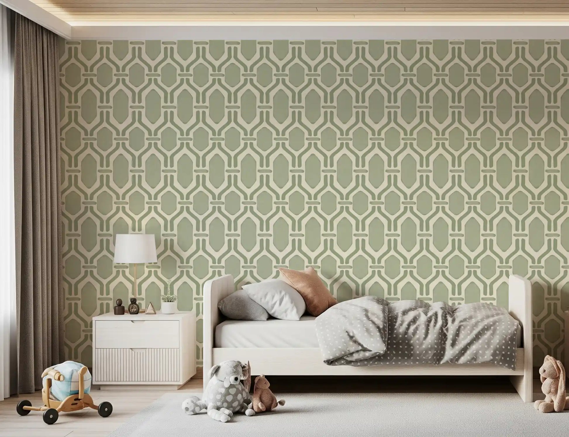 Hex frames with paler centres on coastal green Deco trellis wallpaper over cream linen., GD9660