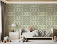 Hex frames with paler centres on coastal green Deco trellis wallpaper over cream linen., GD9660