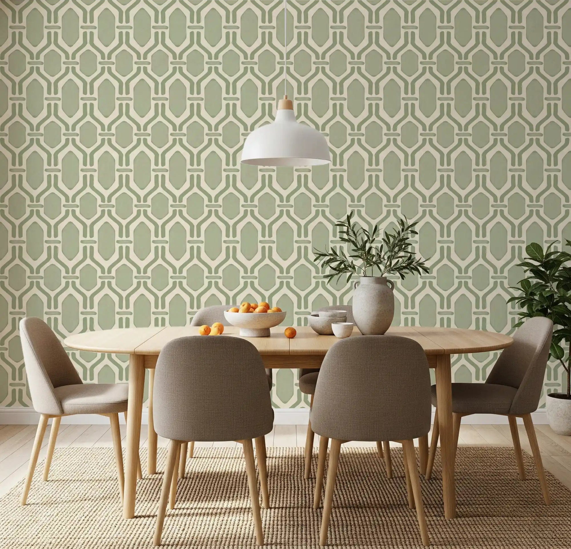 Sage Deco trellis wallpaper stretching across a wide dining room with hex lattice rhythm., GD9660
