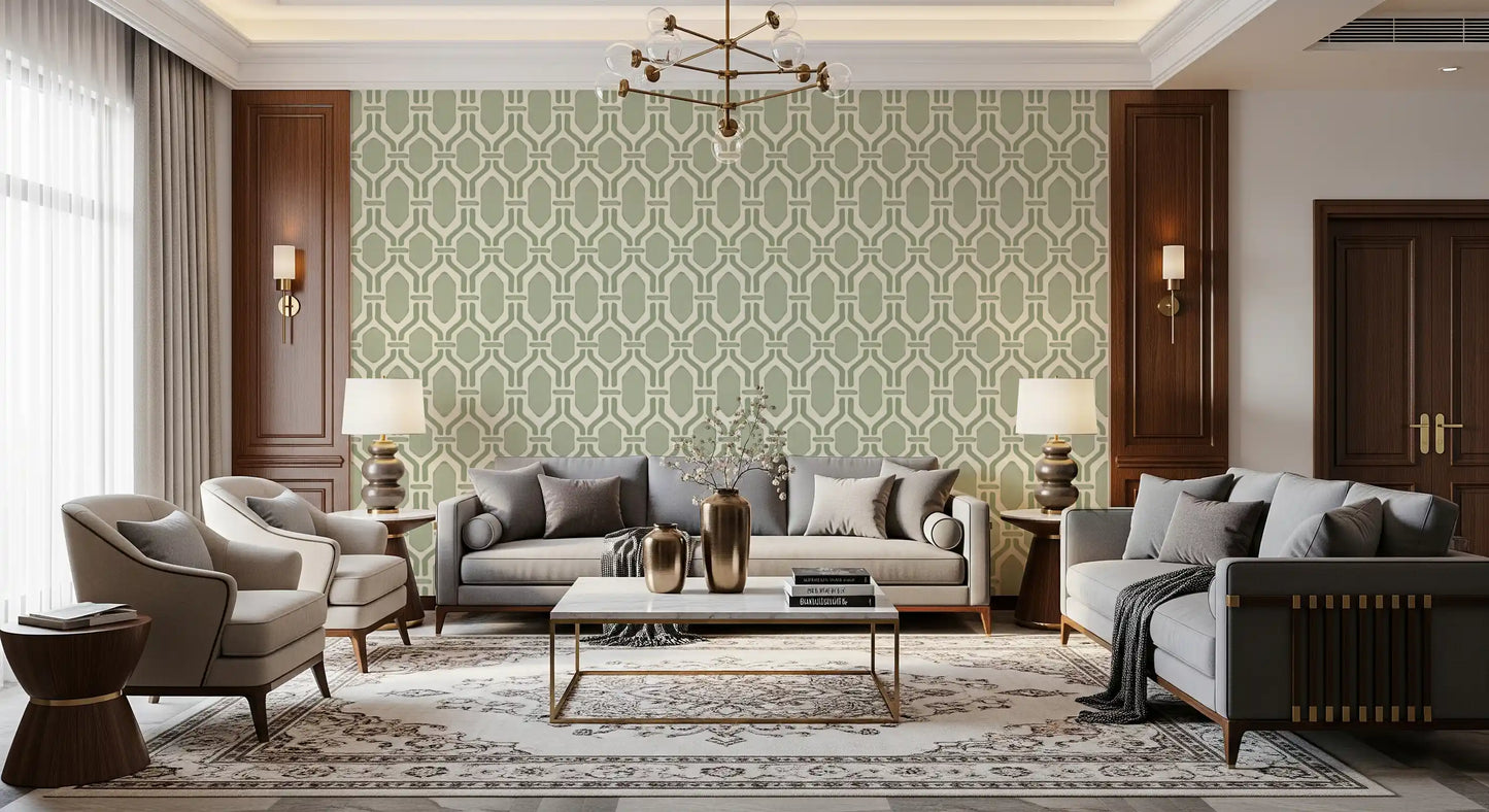 Two greens make this trellis wallpaper: deeper sage outlines and paler hex panels., GD9660