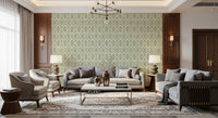 Two greens make this trellis wallpaper: deeper sage outlines and paler hex panels., GD9660
