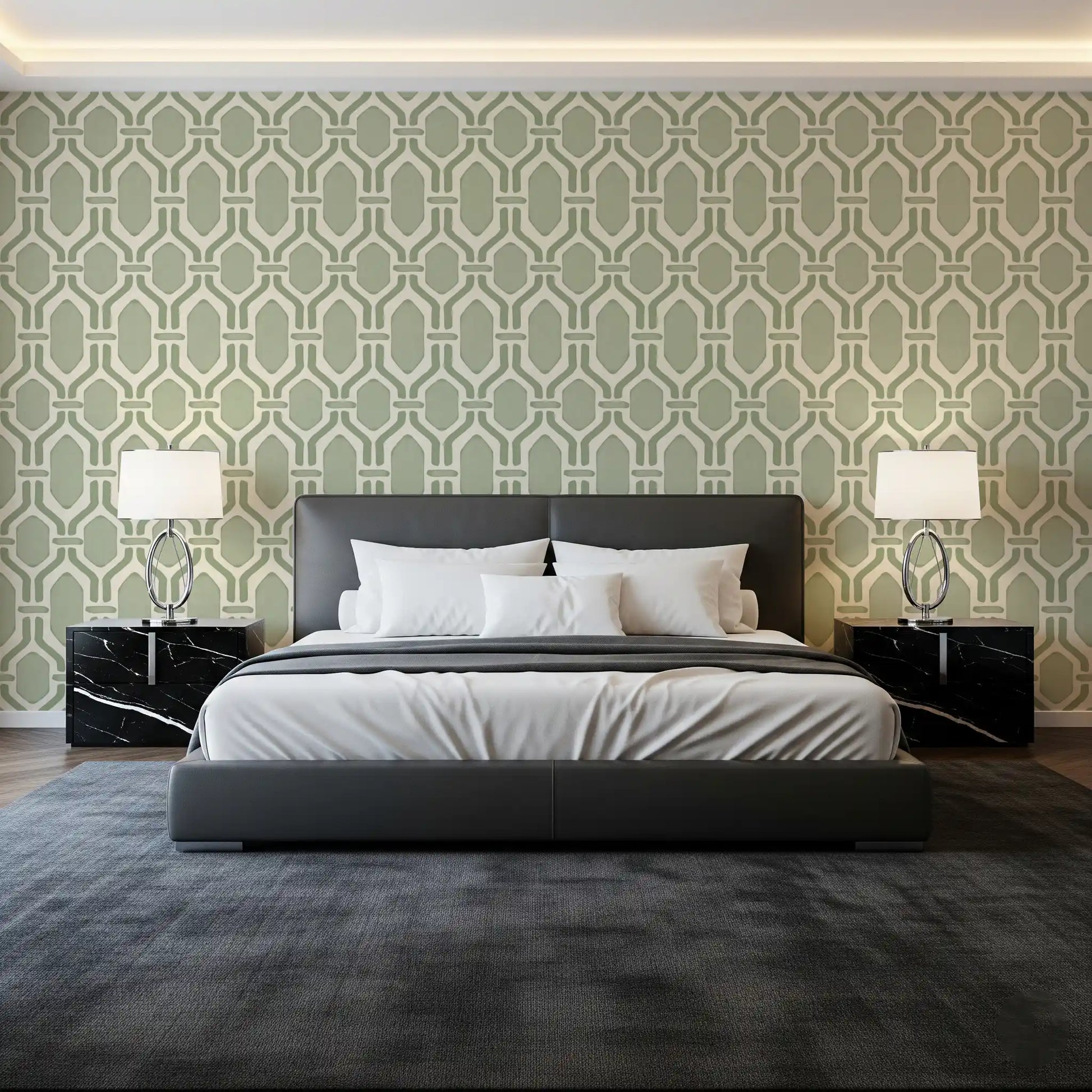 Dual-tone sage Deco trellis wallpaper, hex outlines around paler green panels., GD9660