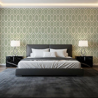 Dual-tone sage Deco trellis wallpaper, hex outlines around paler green panels., GD9660