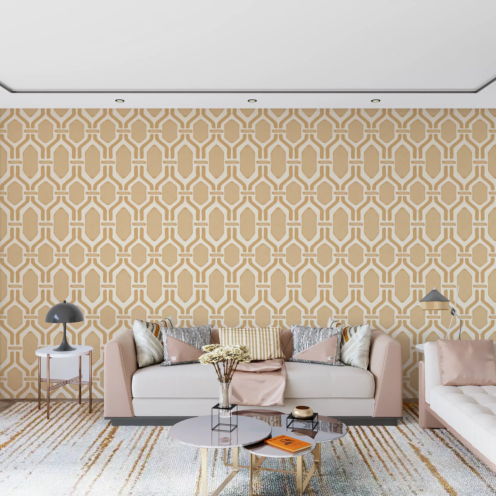 Honey-toned trellis wallpaper pressing along a relaxed living room with hex Deco frames., GD9661