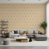 Sand Deco trellis wallpaper completing another living room view in warm hex Deco lattice., GD9661