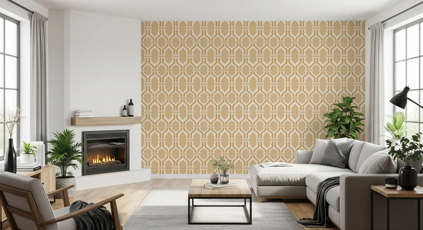Hex-pattern trellis wallpaper drifting along a quiet lounge corner with sand Deco frames., GD9661