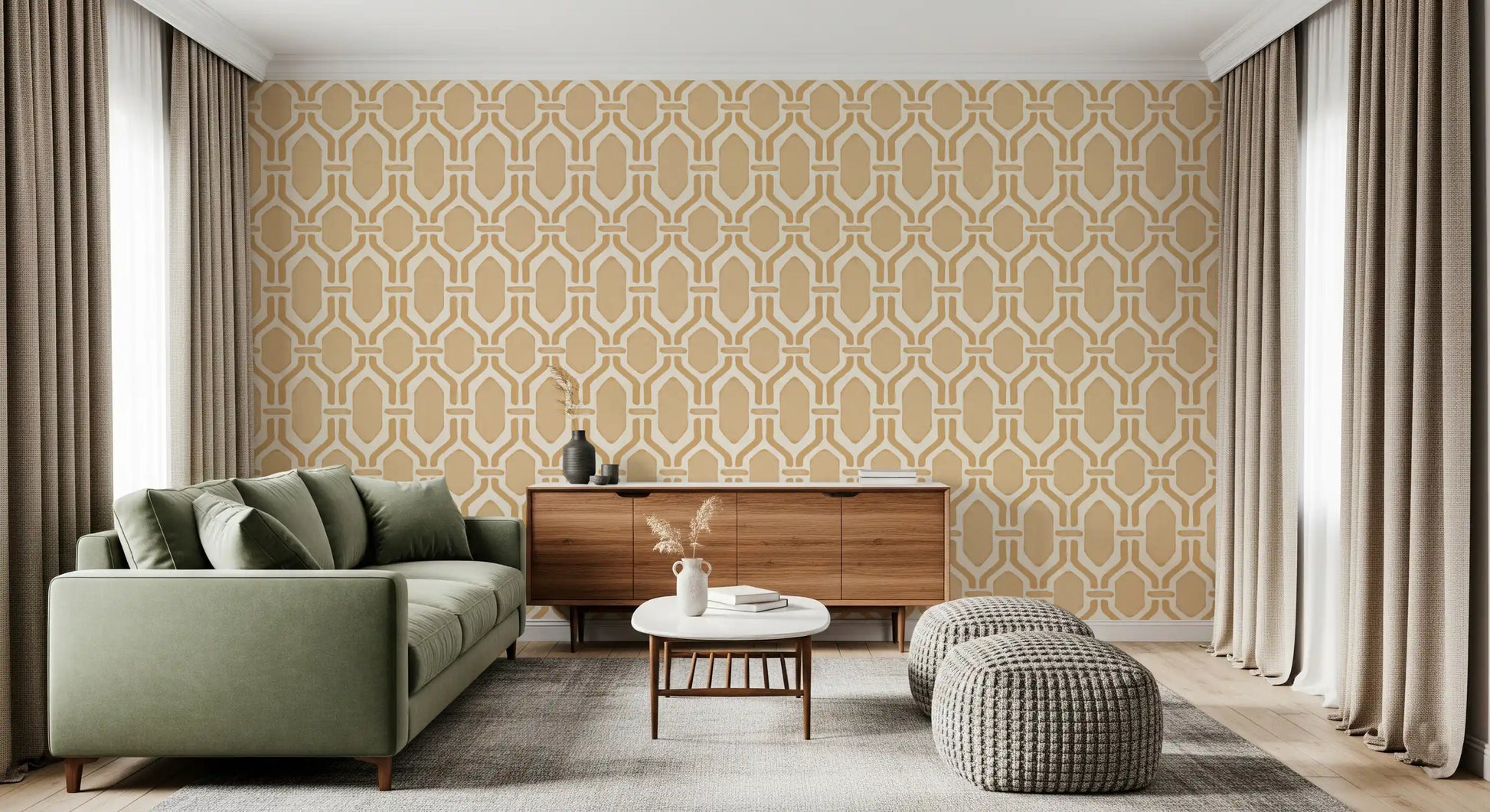 Recurring hex Deco frames in honey-tone trellis wallpaper on cream linen base., GD9661