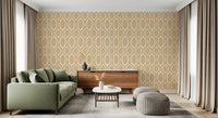 Recurring hex Deco frames in honey-tone trellis wallpaper on cream linen base., GD9661