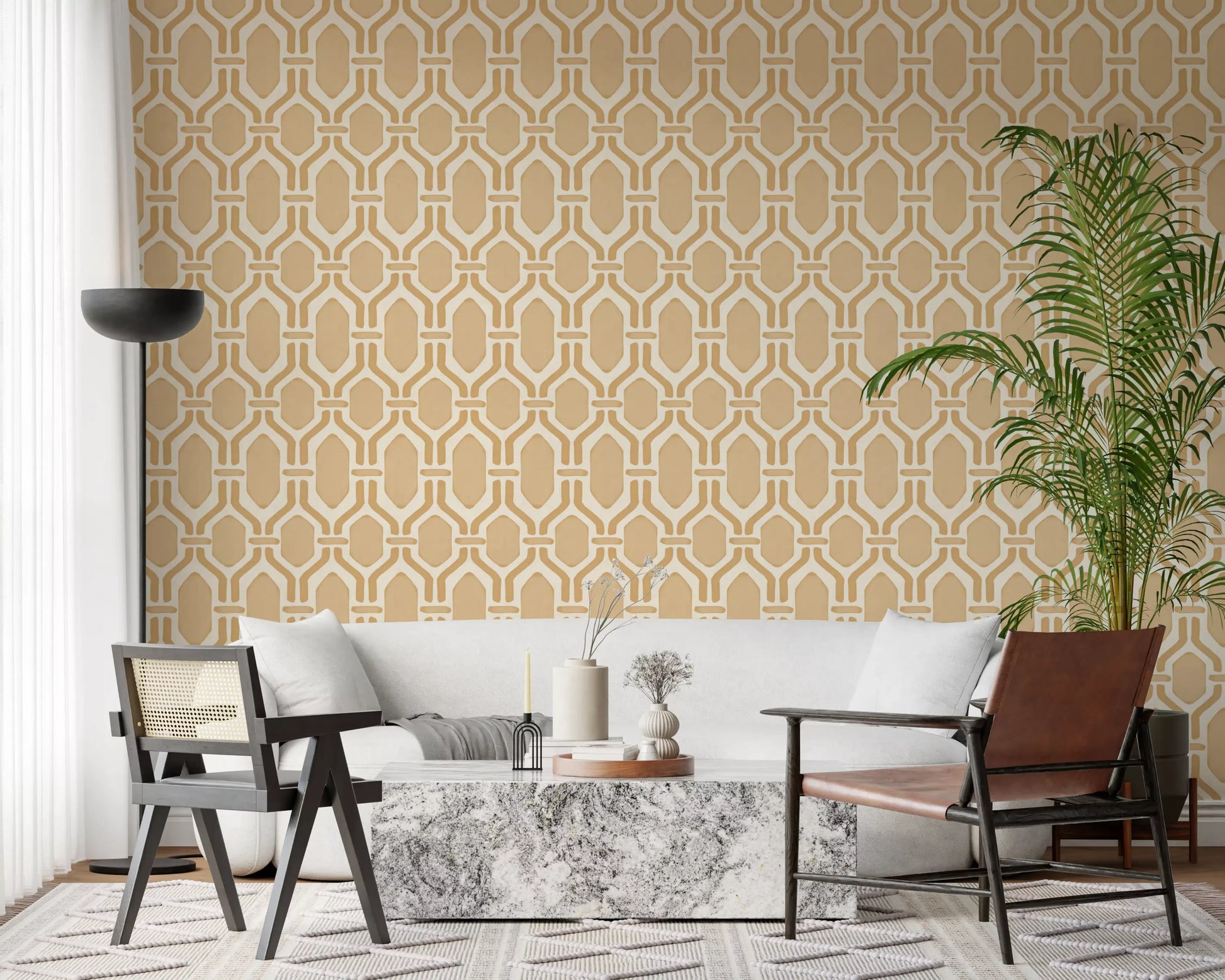 Tan-and-cream Deco trellis wallpaper, hexagonal frames with paler panels at each centre., GD9661