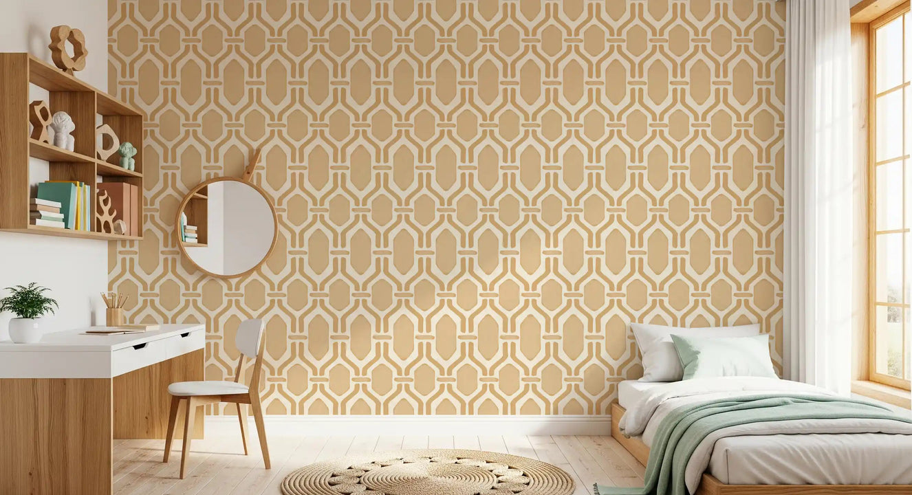 Sand-toned trellis wallpaper edging a bedroom feature with hex Deco frames.