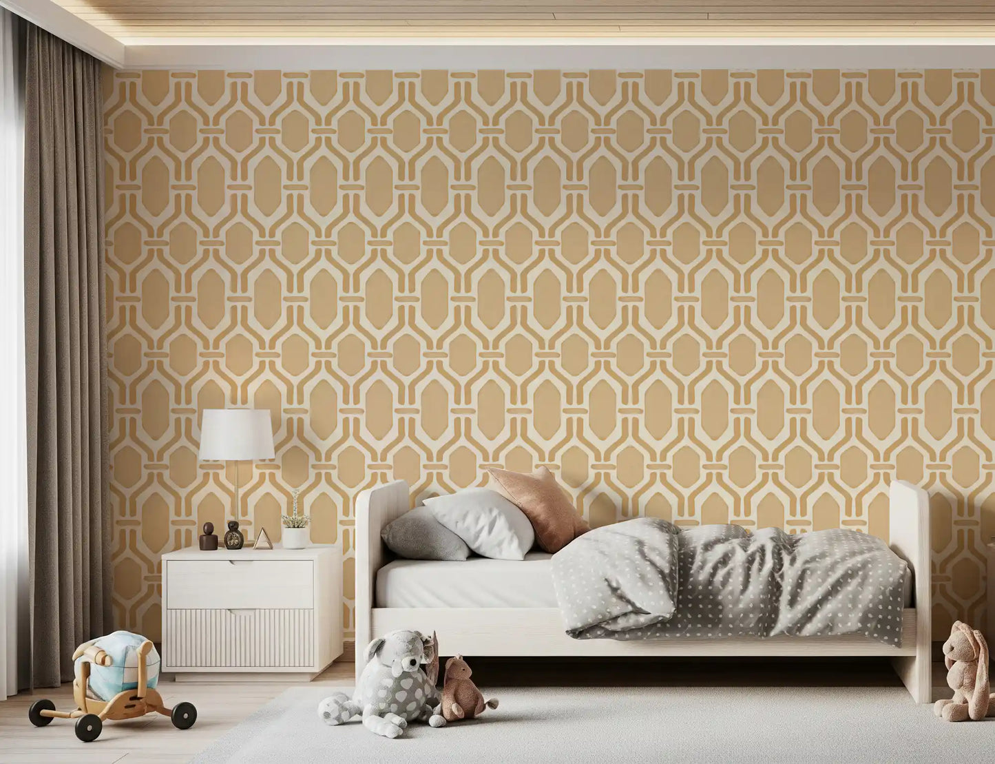 Sand outlines around hexagonal panels with paler centres on this Deco trellis wallpaper., GD9661