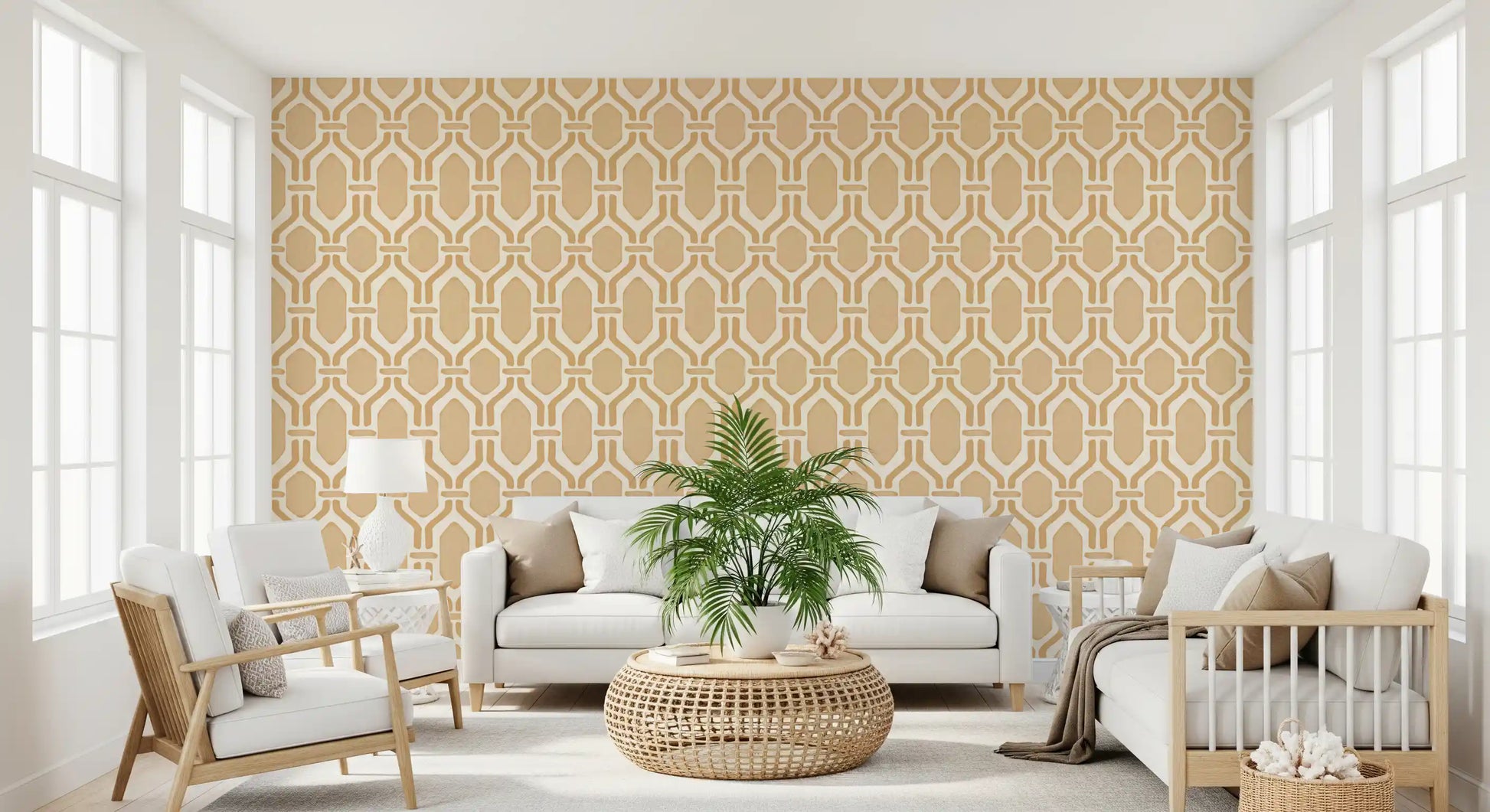 Sand-and-cream lounge view next to trellis wallpaper with hex Deco frames in honey tones., GD9661
