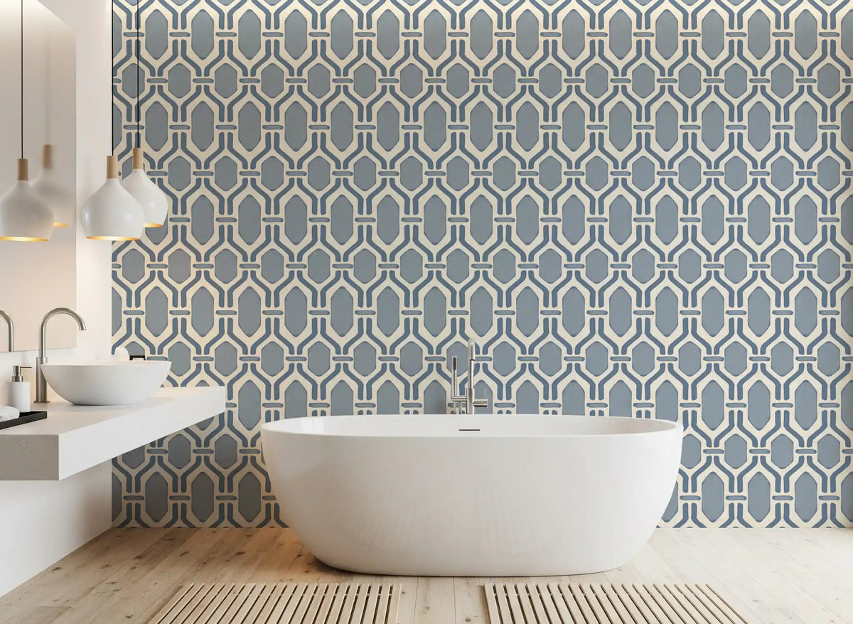 Hex-frame trellis wallpaper laying calm slate blue rhythm along a bright bathroom ., GD9662