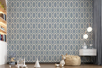 A calm Nursery with slate blue Deco trellis wallpaper across one hexagonal feature wall., GD9662