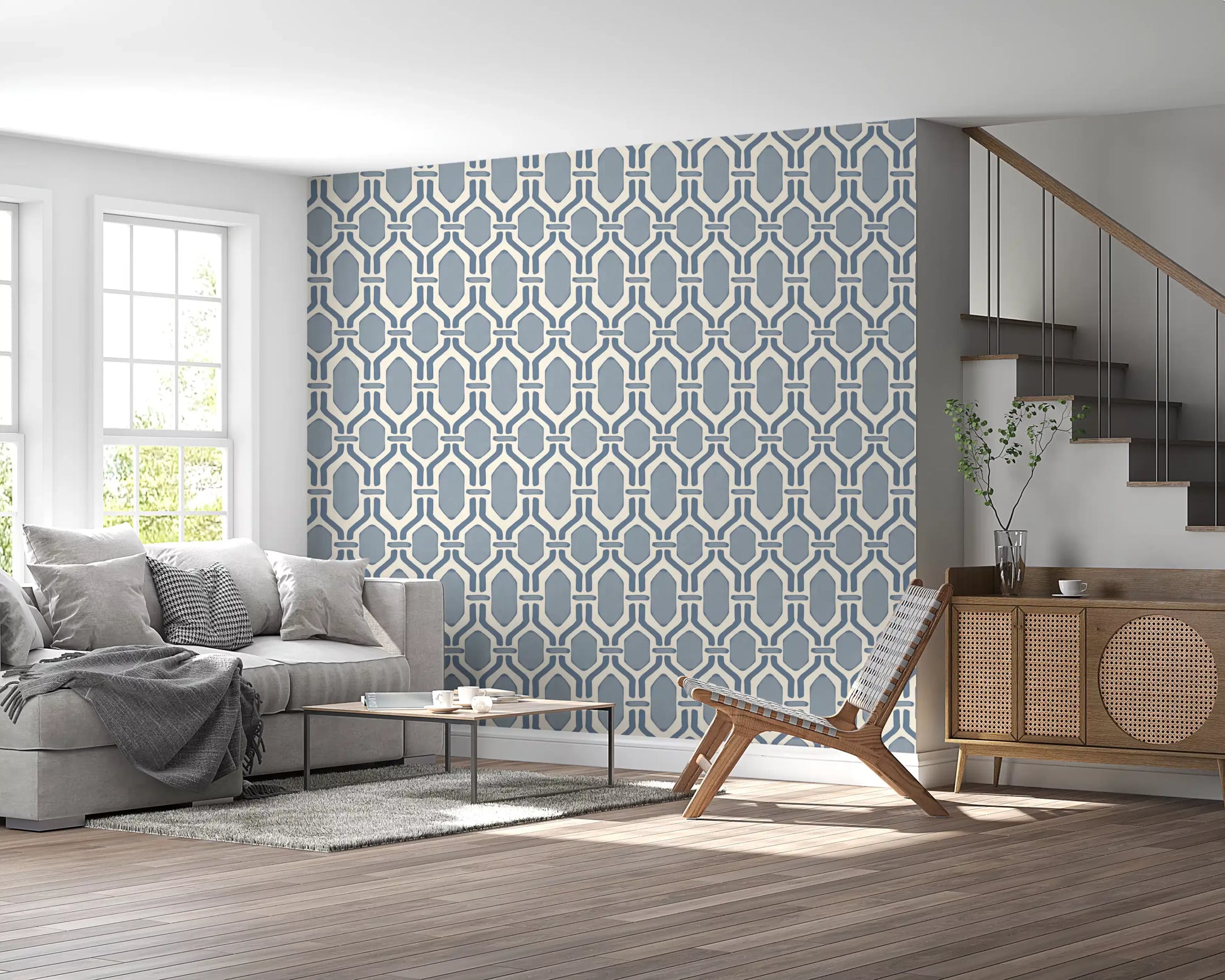 Clean Deco trellis wallpaper pulling a lounge corner with slate blue hex lattice., GD9662