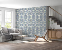 Clean Deco trellis wallpaper pulling a lounge corner with slate blue hex lattice., GD9662