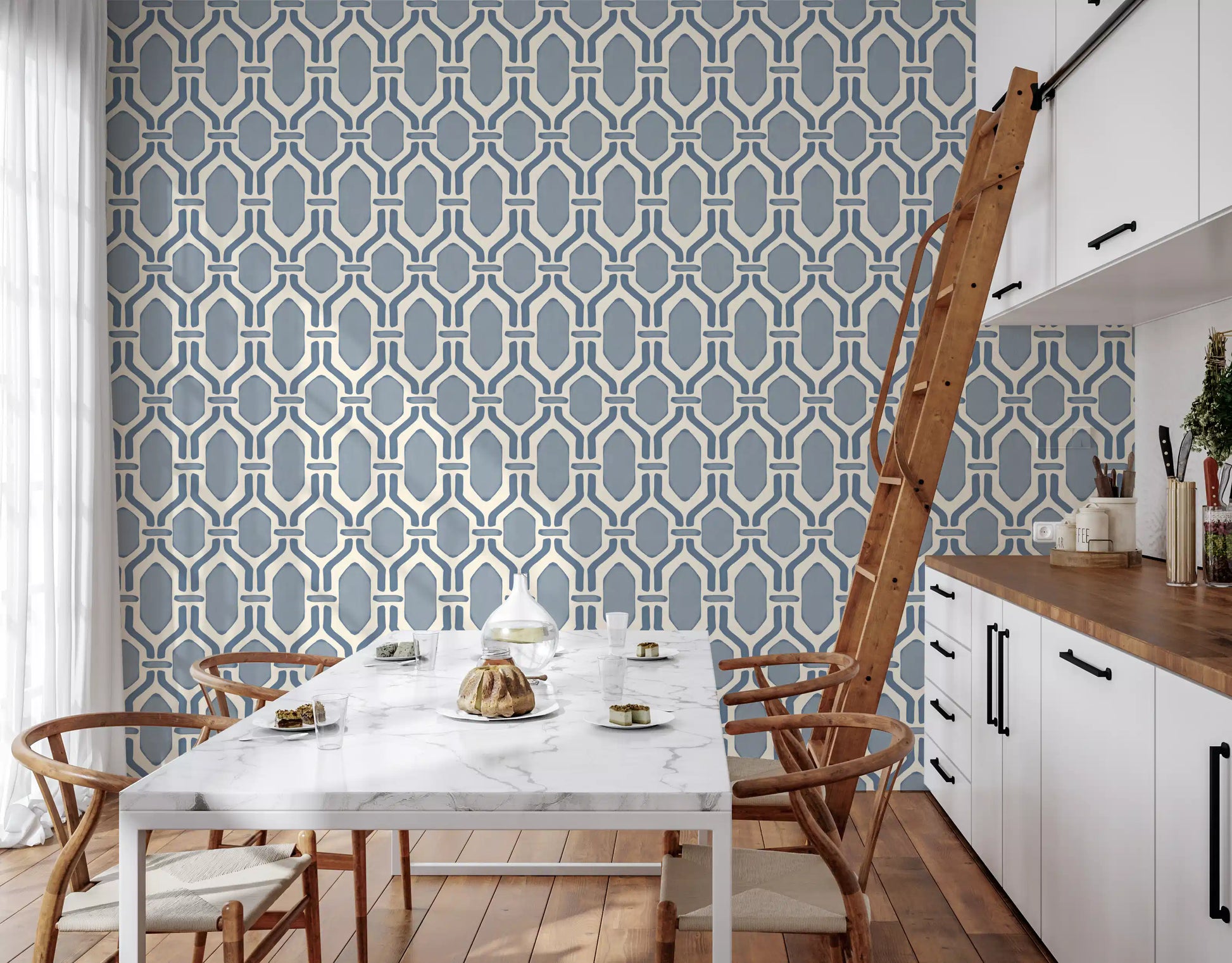 Hexagonal slate blue lattice frames over cream linen, trellis wallpaper detail view., GD9662