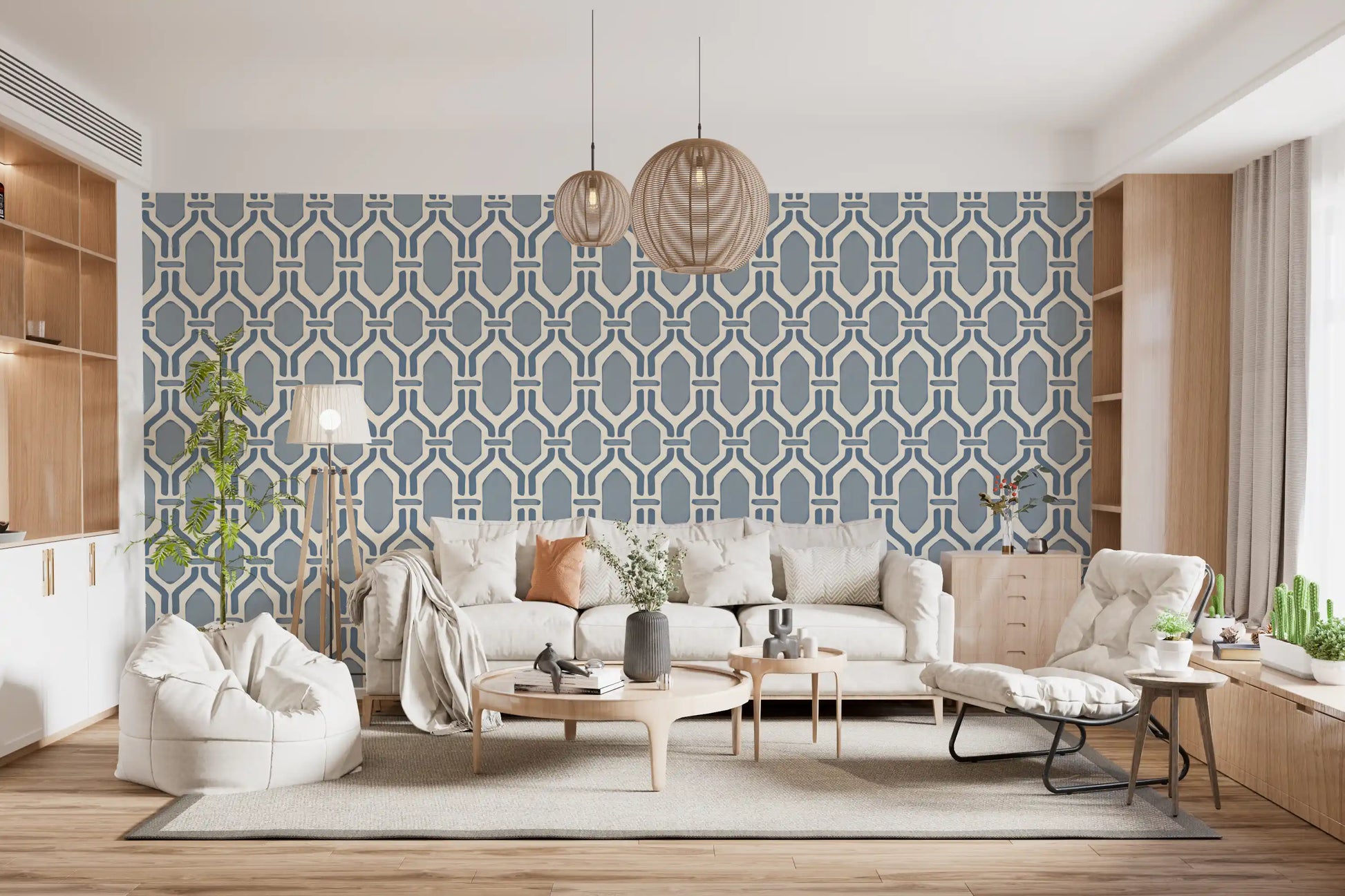 Single-tone slate blue trellis wallpaper crossing another Living room in hex Deco rhythm., GD9662