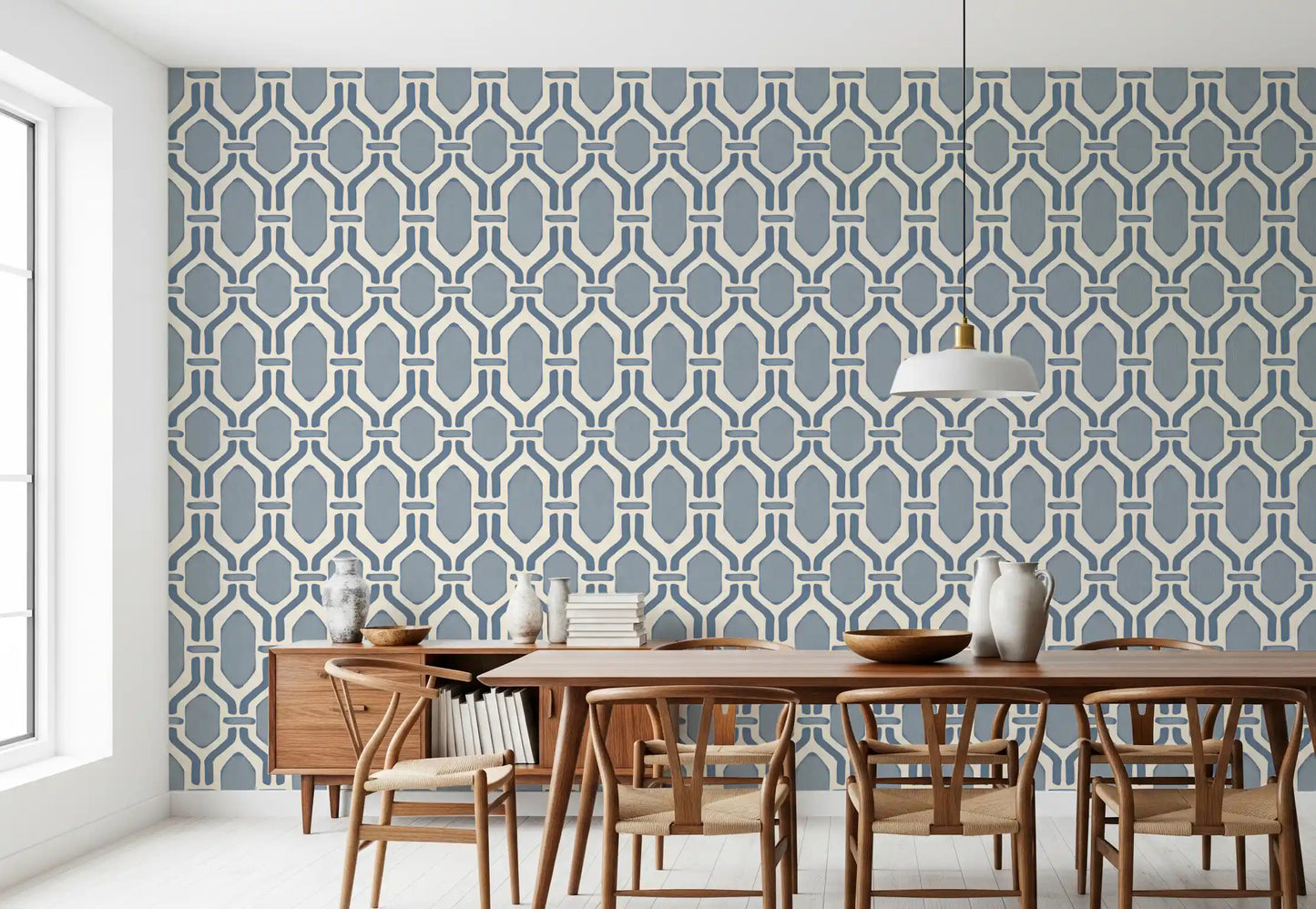 Linked slate blue hex frames stretch vertically across this Deco trellis wallpaper., GD9662