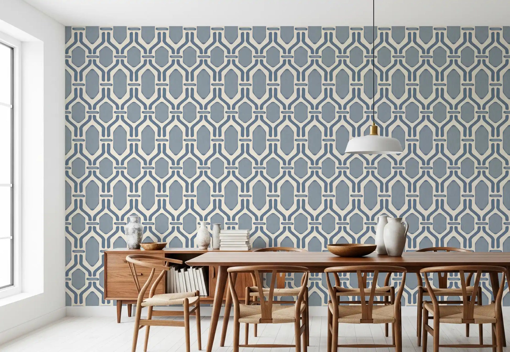 Linked slate blue hex frames stretch vertically across this Deco trellis wallpaper., GD9662