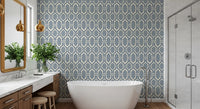 Two-shade slate blue Deco trellis wallpaper with hex outlines and lighter inner panels., GD9662