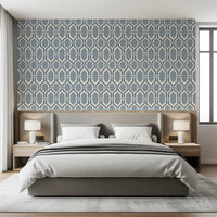 Spacious Bedroom view with slate blue Deco trellis wallpaper across one tall., GD9662