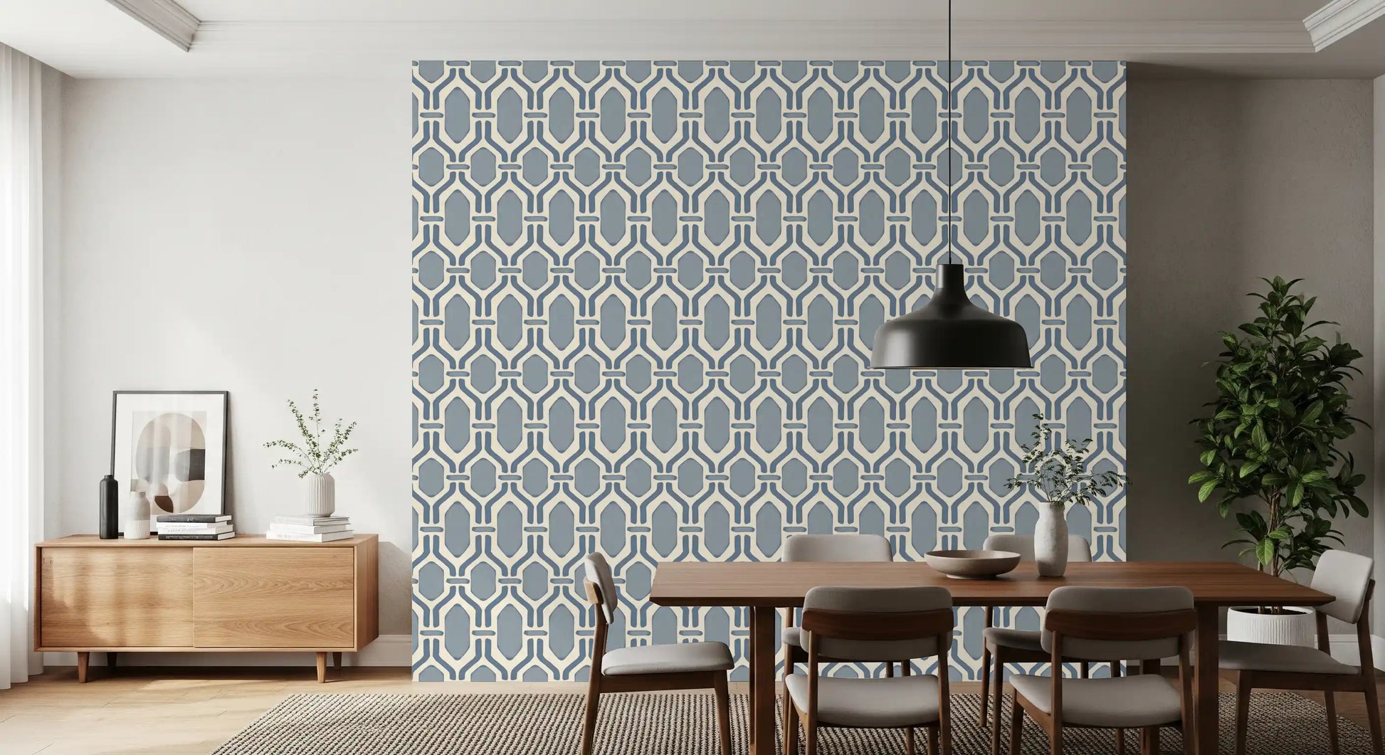 Light slate panels rest inside slate blue hex outlines on this Deco trellis wallpaper., GD9662