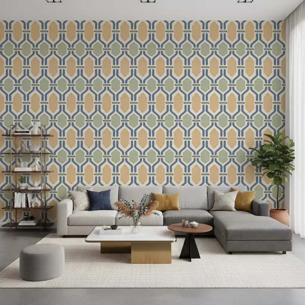 Symmetrical Deco grid of slate blue runs over cream linen with gold and sage tiles., GD9663