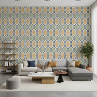 Symmetrical Deco grid of slate blue runs over cream linen with gold and sage tiles., GD9663