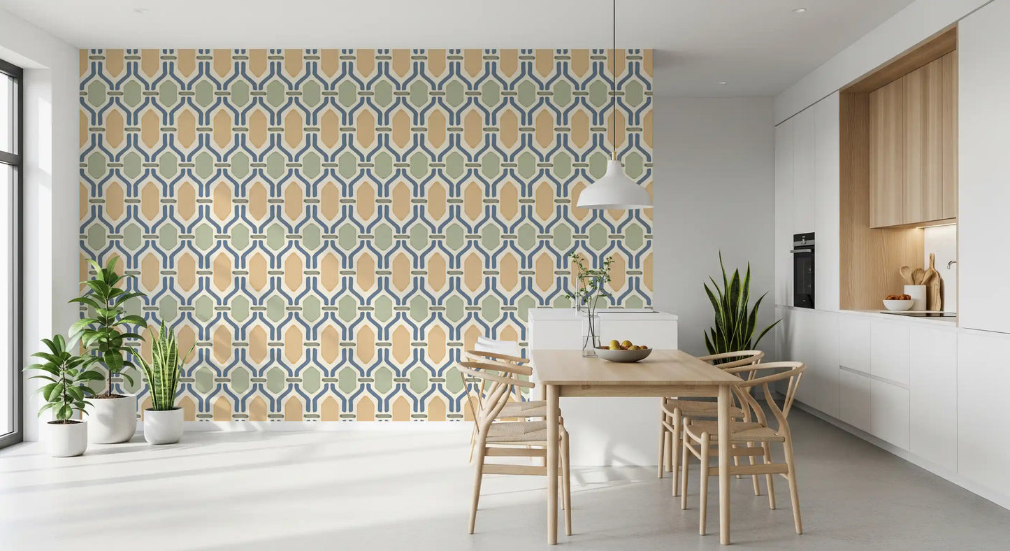 Trellis lattice in slate blue against gold and sage tiles on cream linen ground., GD9663