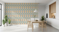 Trellis lattice in slate blue against gold and sage tiles on cream linen ground., GD9663