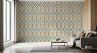Classic Deco trellis wallpaper spanning a relaxed lounge in slate blue and gold., GD9663