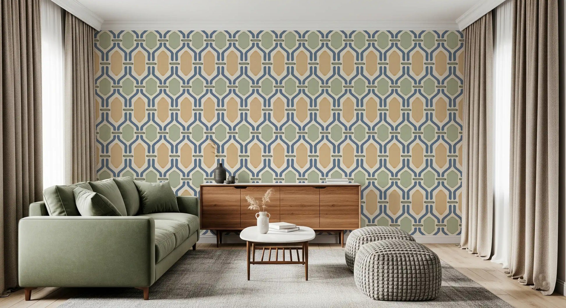 Hex-trellis wallpaper folding into a quiet lounge corner with slate blue and gold tones., GD9663