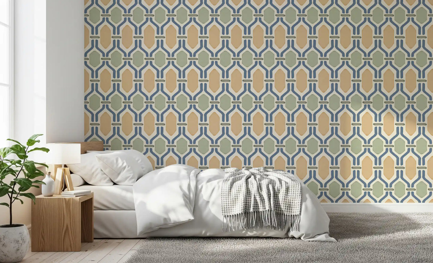 Hex cells of slate blue lattice contain gold and sage on this Deco trellis wallpaper., GD9663