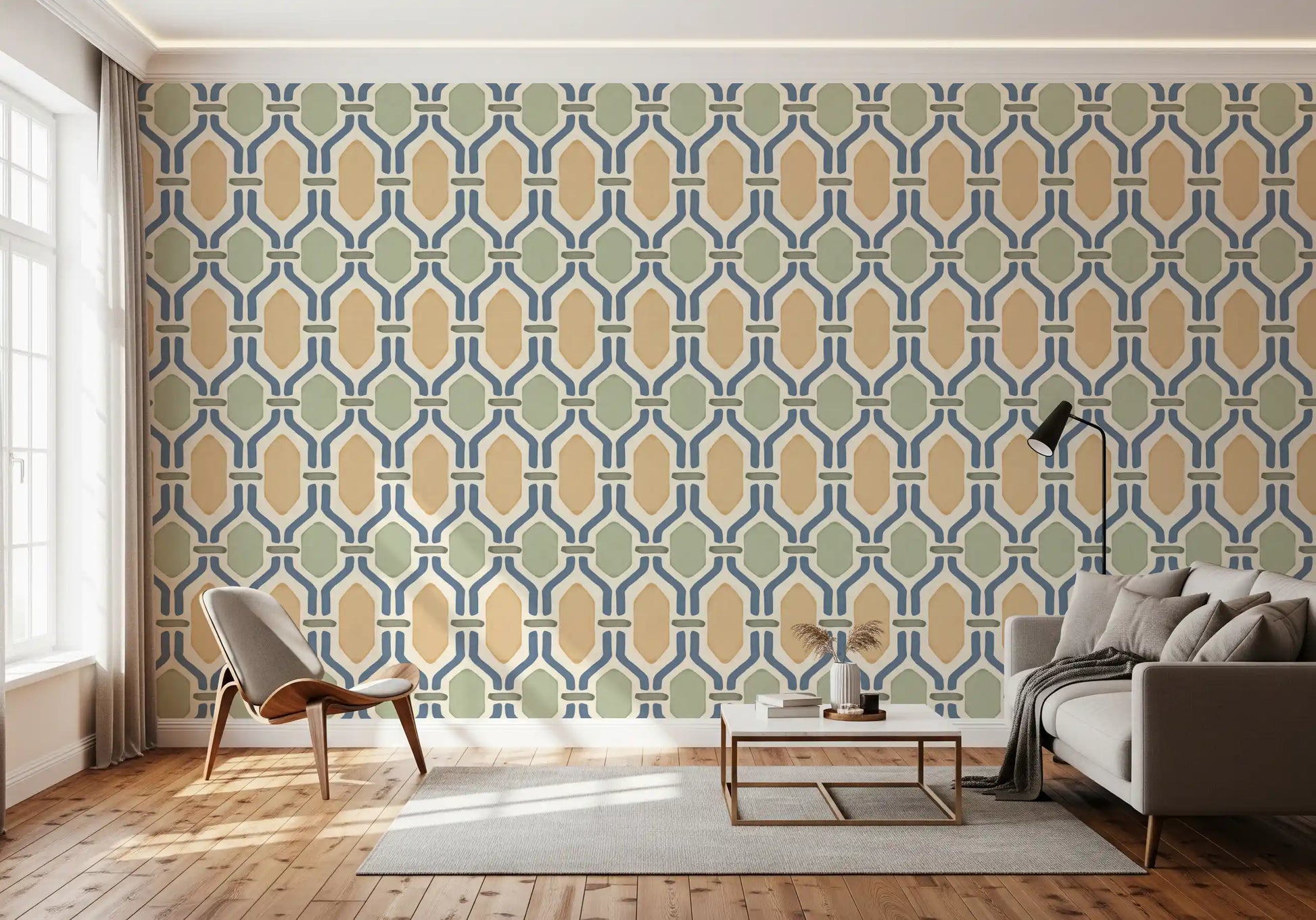 Gold panels alternate with sage inside hexagonal trellis lines on this Deco wallpaper., GD9663