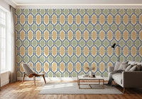 Gold panels alternate with sage inside hexagonal trellis lines on this Deco wallpaper., GD9663