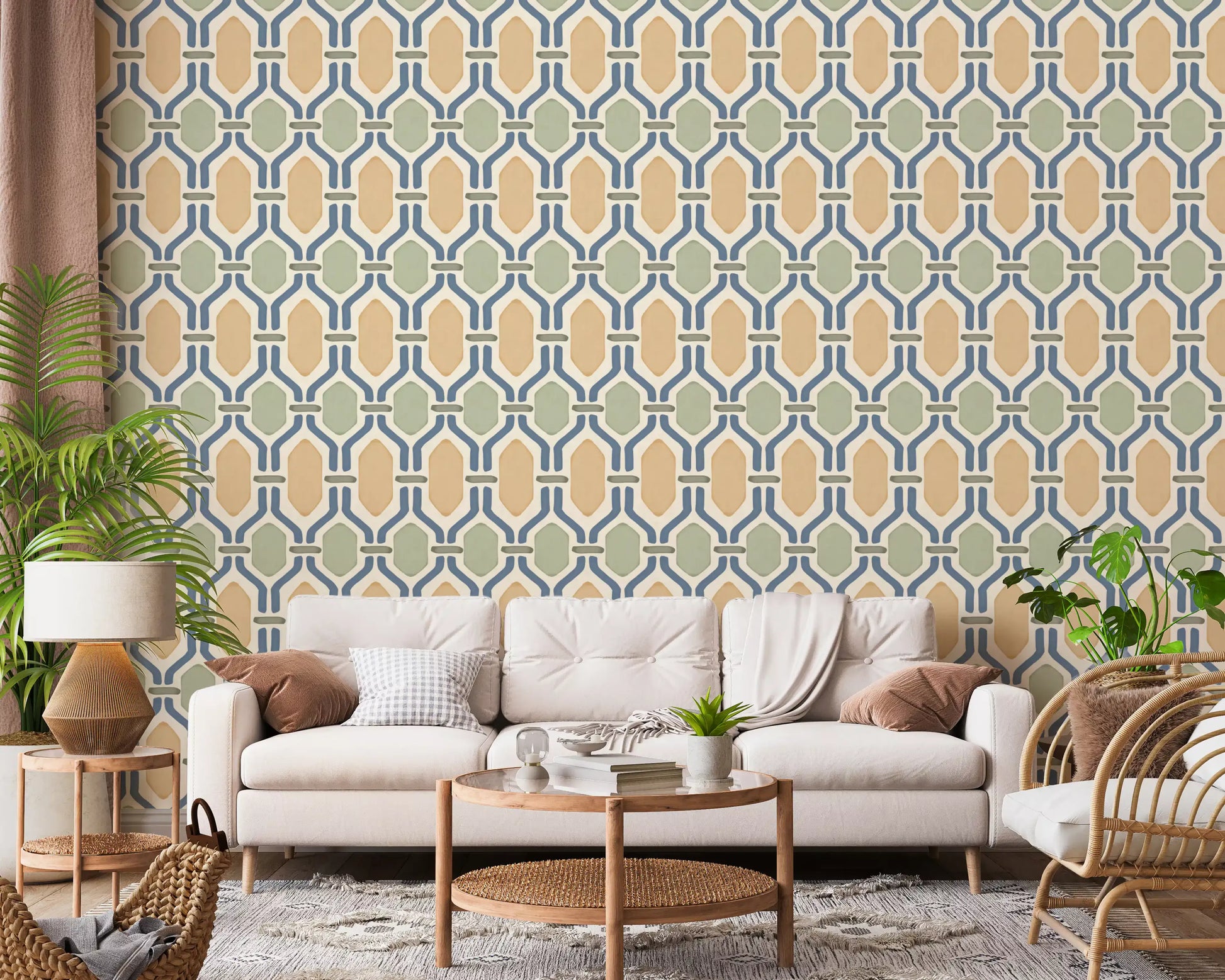 Hexagonal Deco trellis wallpaper casting calm rhythm across a relaxed living room view., GD9663