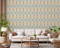 Hexagonal Deco trellis wallpaper casting calm rhythm across a relaxed living room view., GD9663