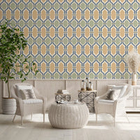 Stretched hexagons of slate blue trellis wallpaper behind another living room view., GD9663