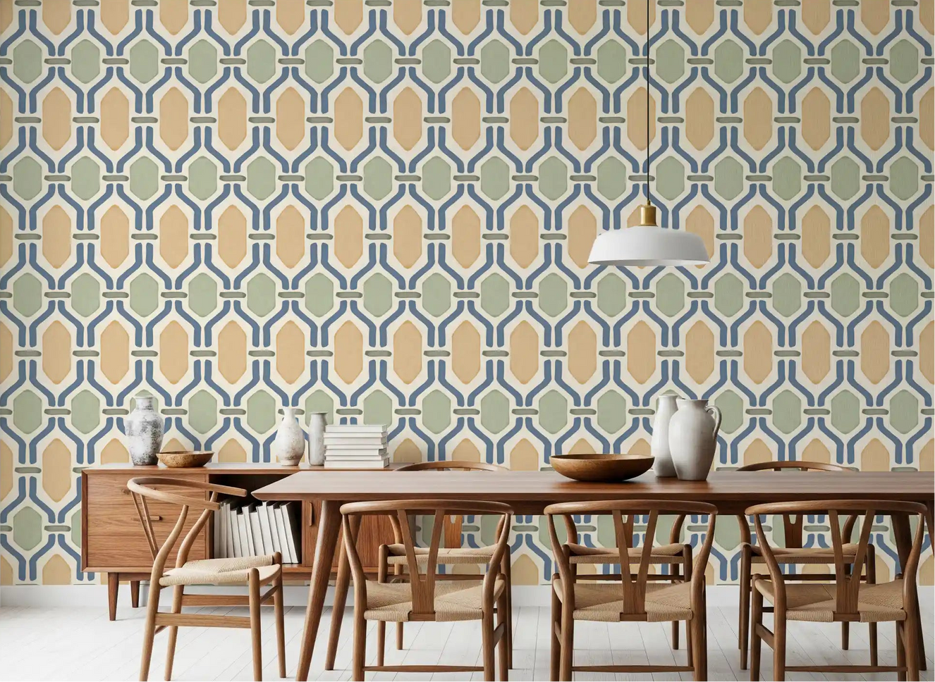 Trellis wallpaper in slate blue and gold leading a wide dining room scene with Deco feel.
