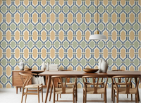 Trellis wallpaper in slate blue and gold leading a wide dining room scene with Deco feel., GD9663