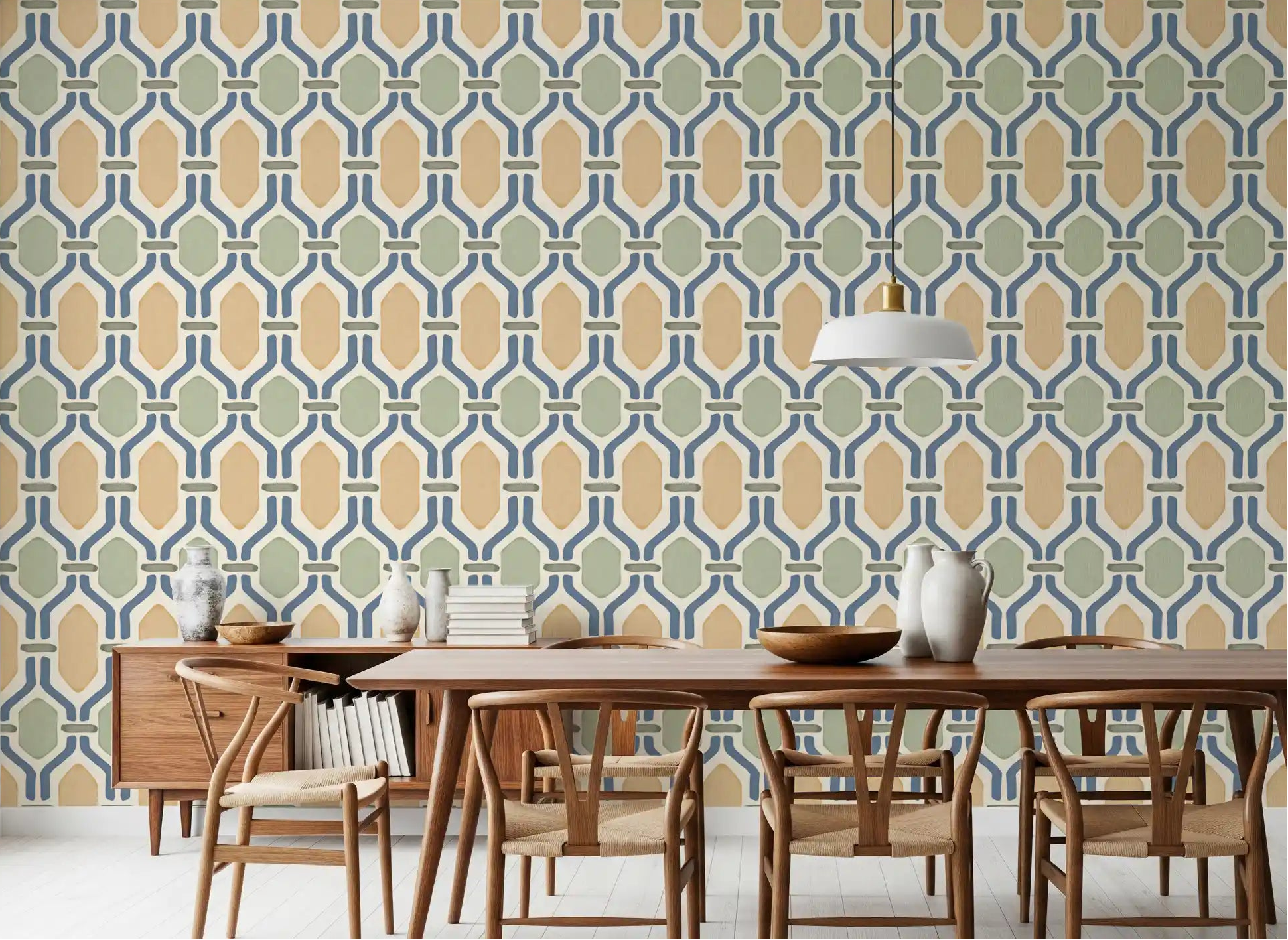 Trellis wallpaper in slate blue and gold leading a wide dining room scene with Deco feel., GD9663