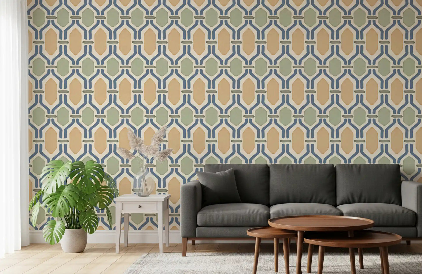 Lattice trellis wallpaper laid across a calm Living room backdrop, slate blue and cream tones., GD9663