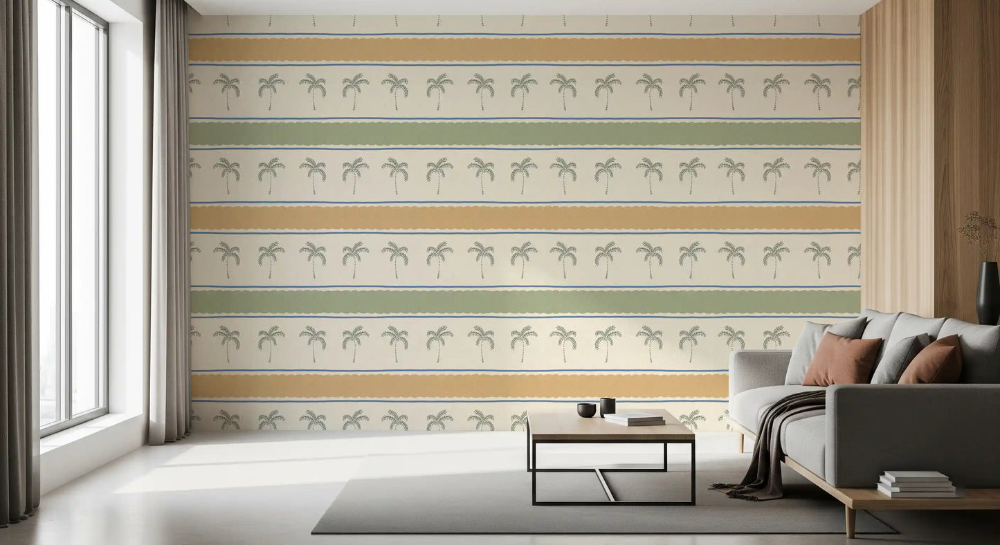 Crosshatched green grid bordering top and bottom rows on this Marrakesh stripe wallpaper.