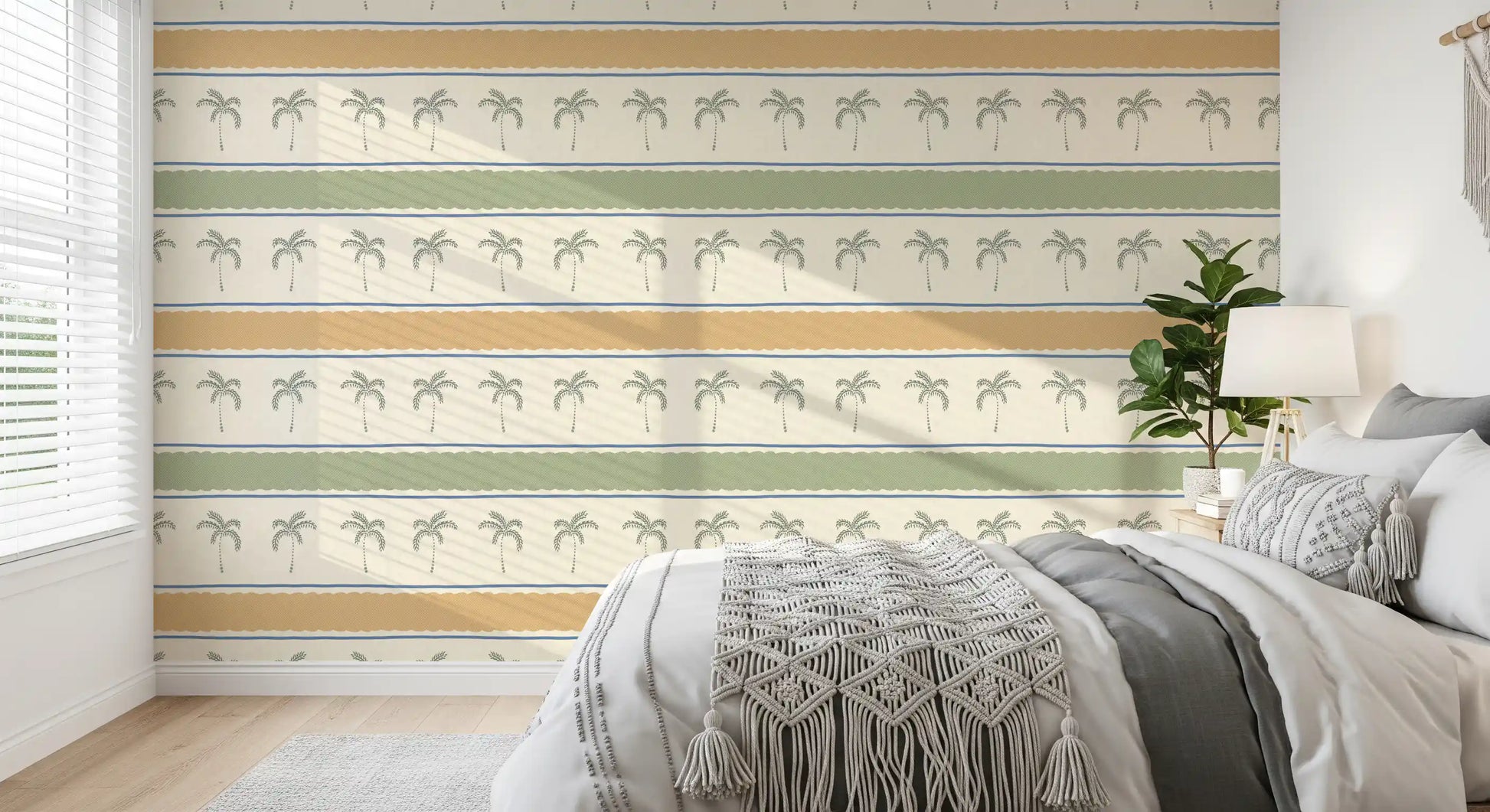 Palm trees stand in two cream panels between mustard, sage and blue Marrakesh stripes.