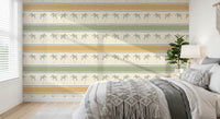 Palm trees stand in two cream panels between mustard, sage and blue Marrakesh stripes.