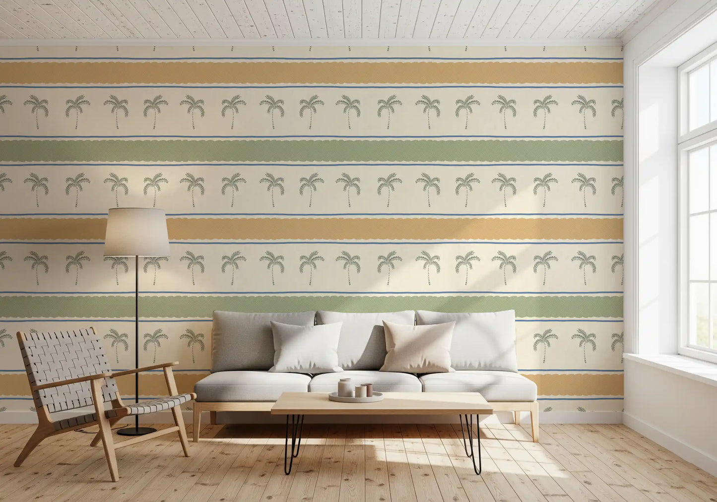 Gold-and-sage Marrakesh Orizzontal stripe wallpaper hugging a relaxed lounge corner.