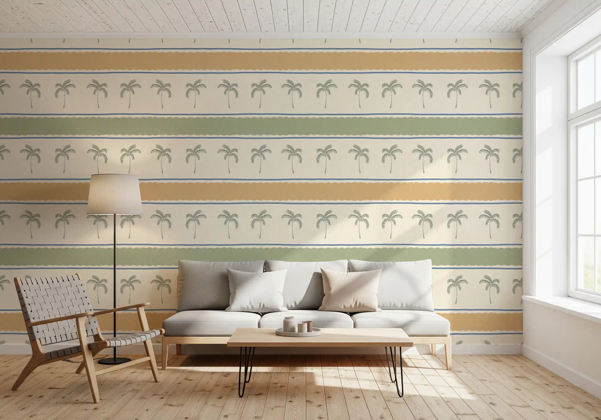 Gold-and-sage Marrakesh Orizzontal stripe wallpaper hugging a relaxed lounge corner.
