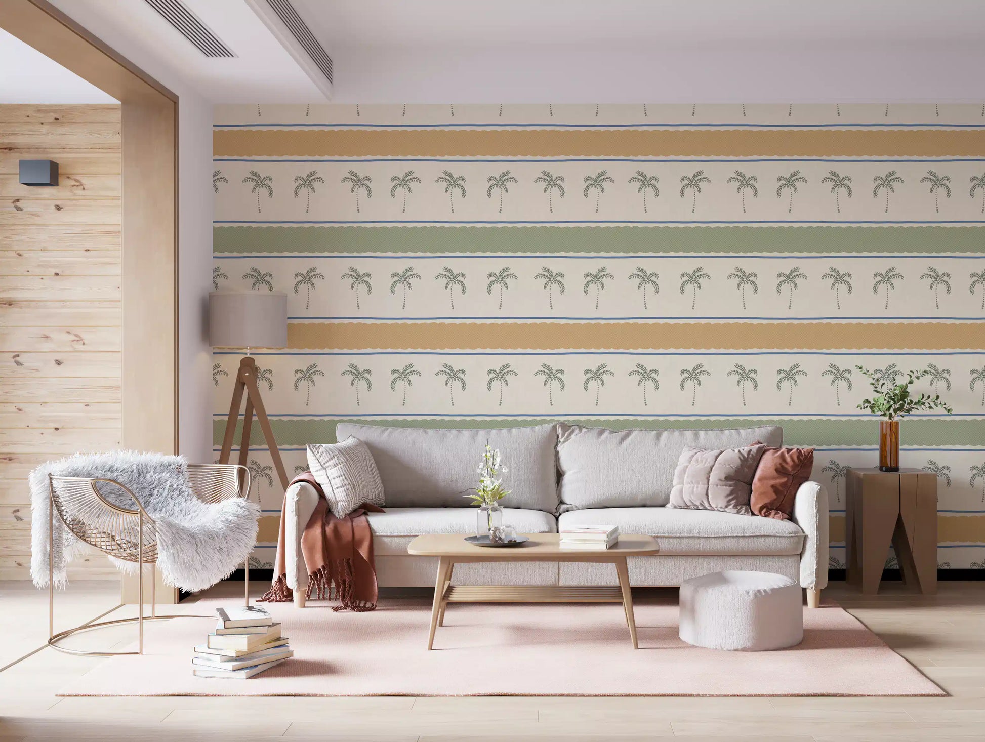 Mustard-and-cream Marrakesh stripe wallpaper flowing along a calm Living room feature .